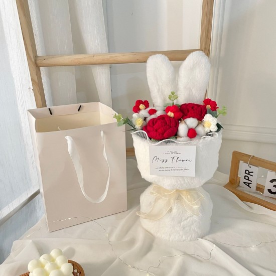 Knitted Doll Plush Toy Rabbit Ears Flower Bouquet for Valentine Birthday Gift