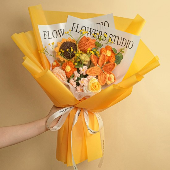  yellow artificial crochet peonies flowers 
