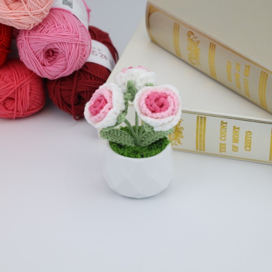 Mini Fashion 3pcs Head Knitted Flower Rose Crochet Potted Plant